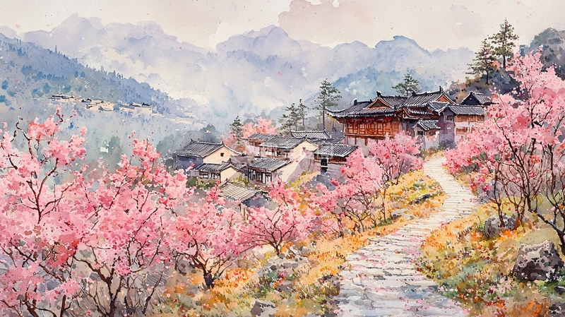 高清大图下载【趣麦麦图】水彩桃花村落山景图