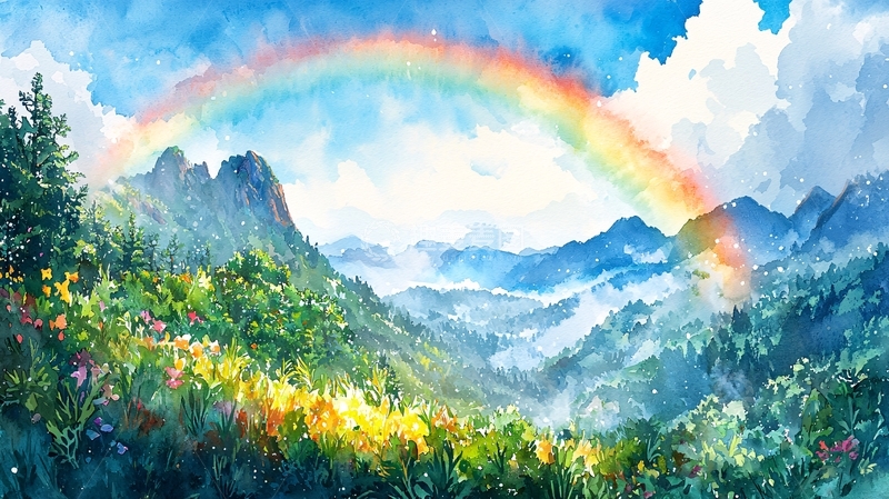 高清大图下载【趣麦麦图】水彩彩虹山峦风景画
