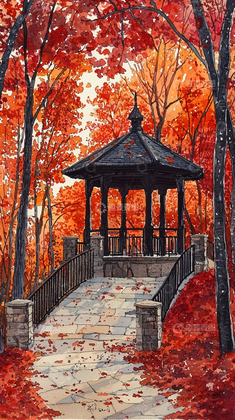 高清大图下载【趣麦麦图】秋叶红亭