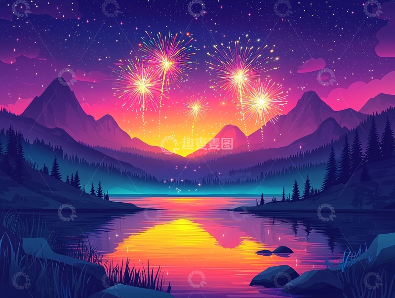 高清大图下载【趣麦麦图】梦幻星空烟火山景