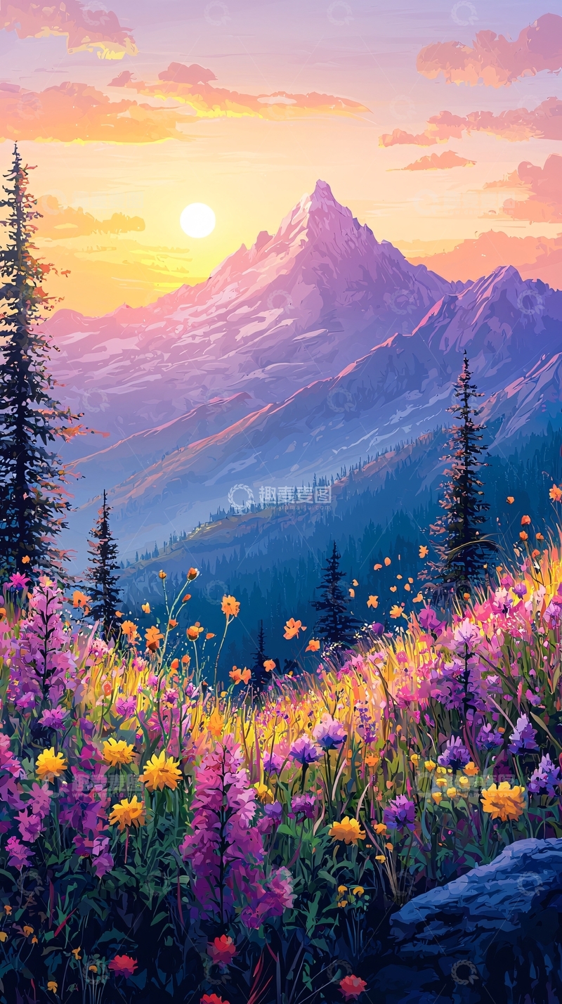 高清大图下载【趣麦麦图】日出雪山野花盛开