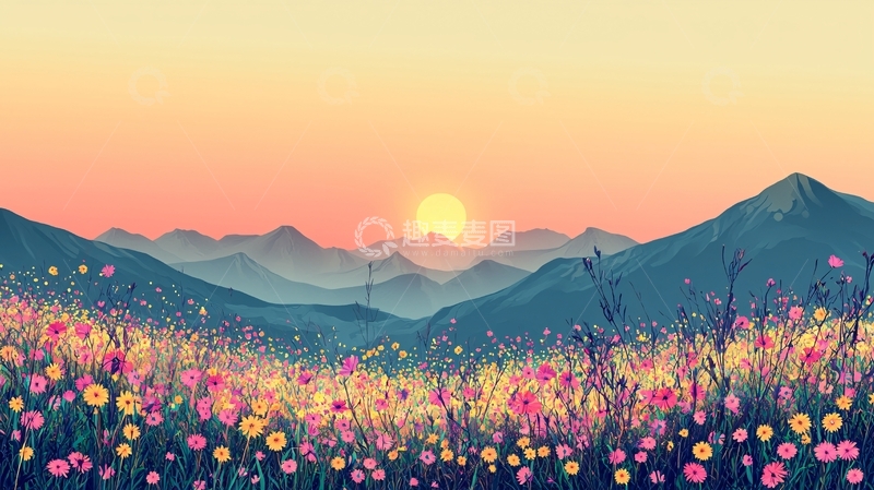 高清大图下载【趣麦麦图】花海日出山峦剪影