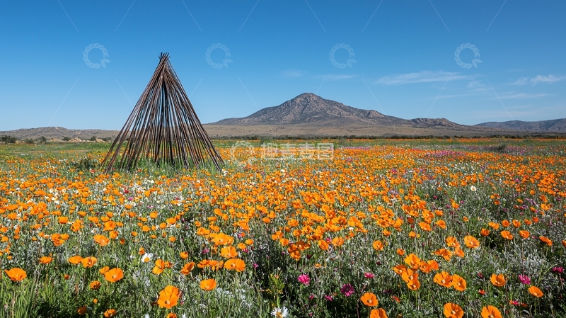 高清大图下载【趣麦麦图】野花盛开的田野与锥形建筑