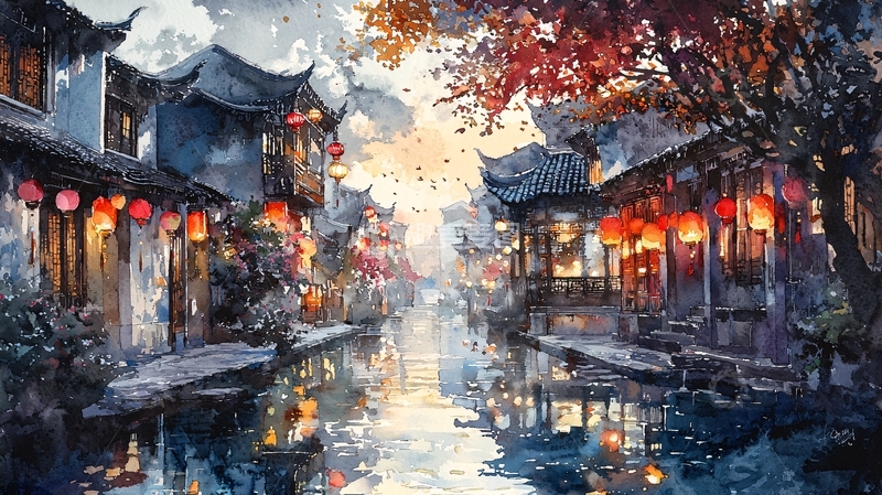 高清大图下载【趣麦麦图】水墨风小镇夜景