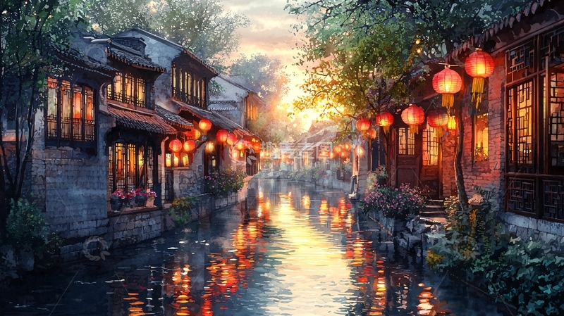 高清大图下载【趣麦麦图】古镇夜景