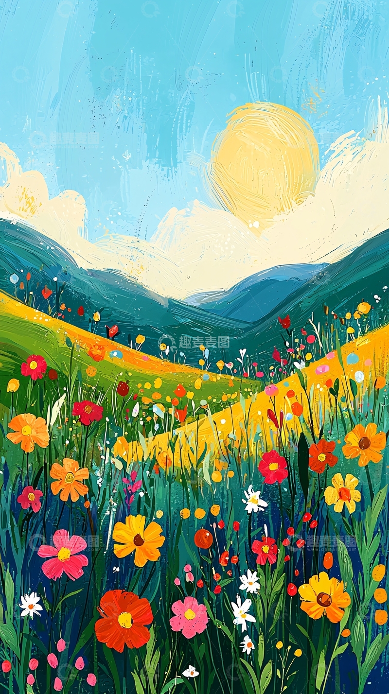 高清大图下载【趣麦麦图】阳光明媚的山谷花田