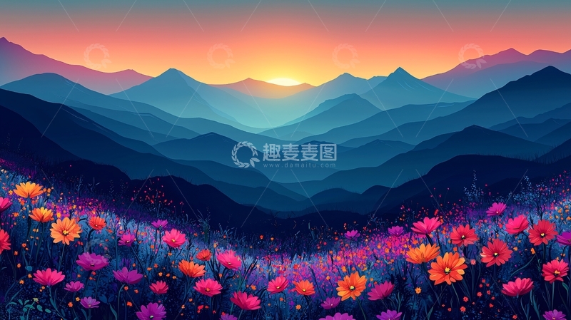 高清大图下载【趣麦麦图】唯美山脉花海日落