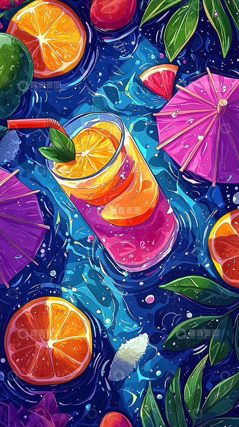 高清大图下载【趣麦麦图】清凉饮料水果漂浮水面