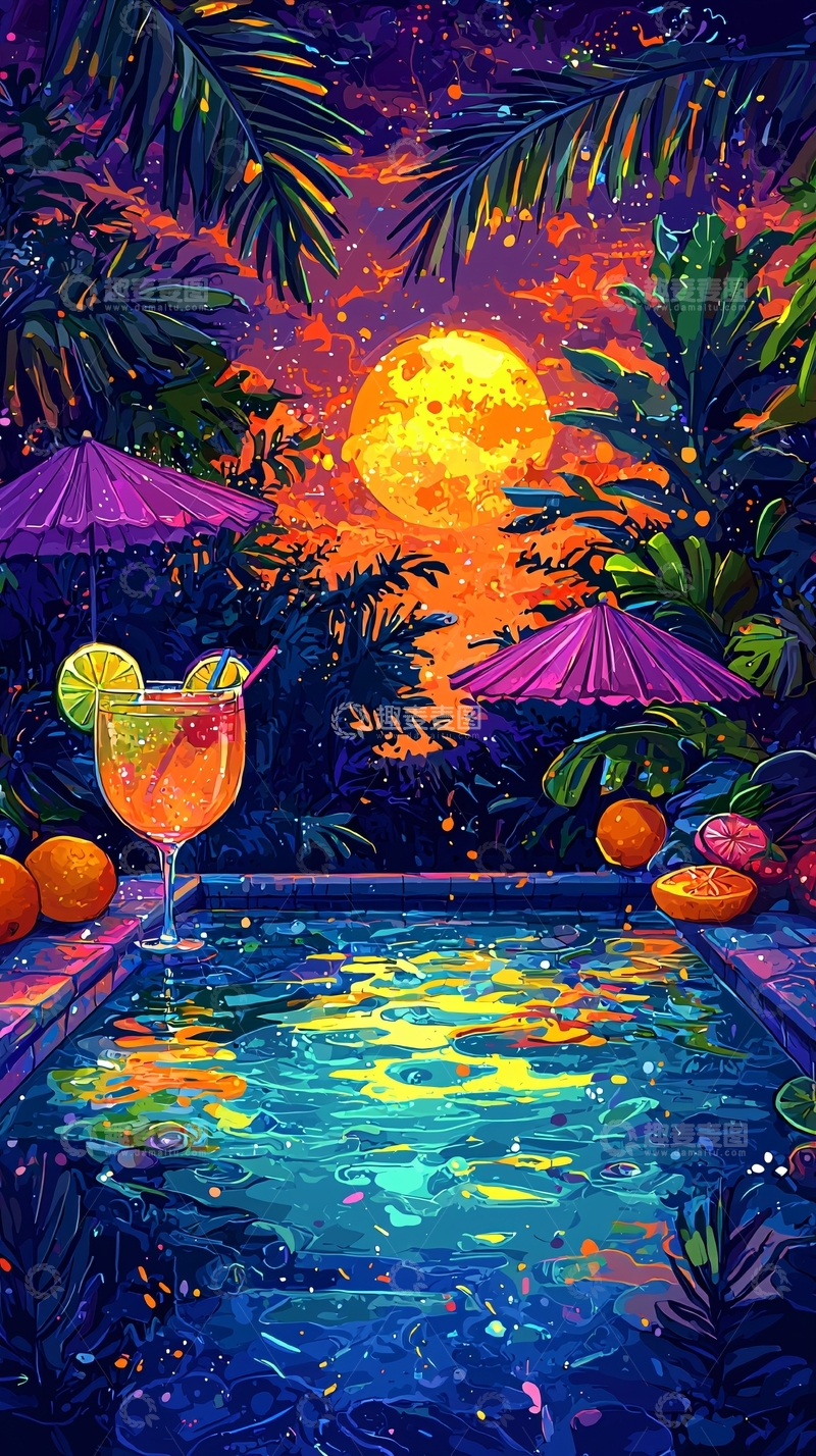 高清大图下载【趣麦麦图】热带泳池夜景