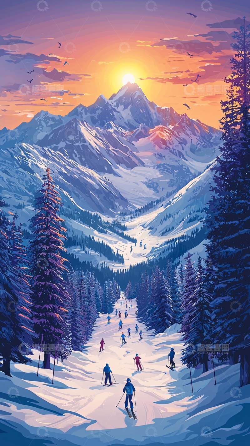 高清大图下载【趣麦麦图】日落雪山滑雪场景