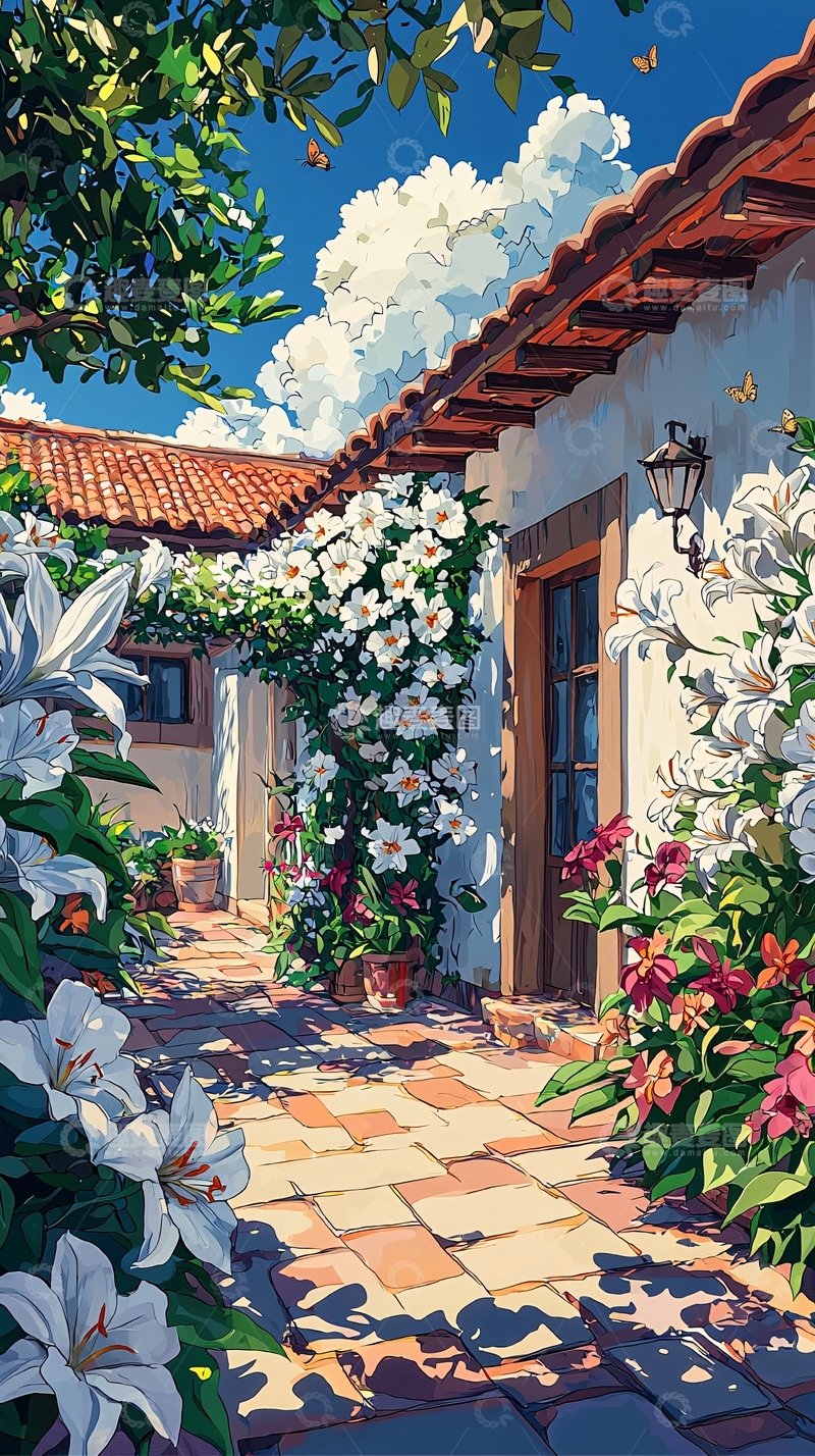 高清大图下载【趣麦麦图】庭院阳光鲜花盛开的房屋