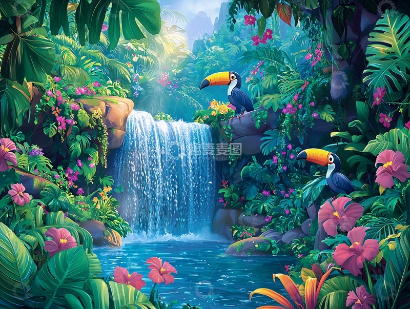 高清大图下载【趣麦麦图】热带雨林瀑布风景图