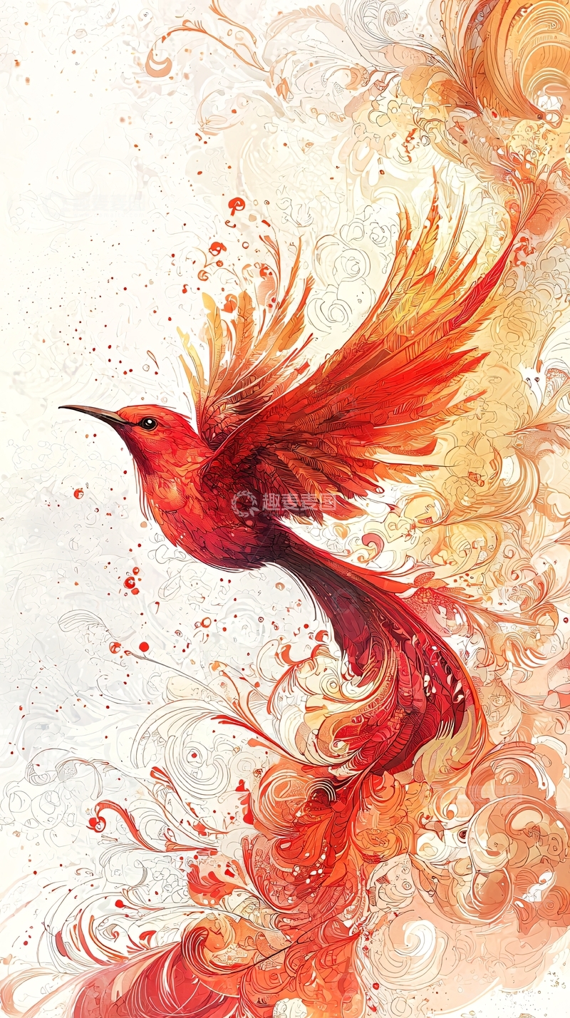高清大图下载【趣麦麦图】红色飞鸟水彩意境图