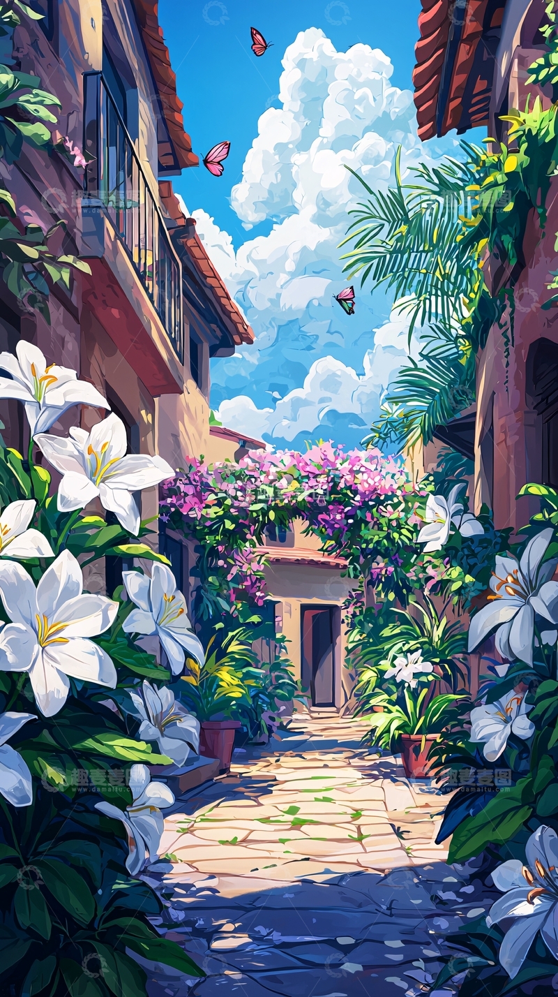 高清大图下载【趣麦麦图】鲜花盛开的小巷