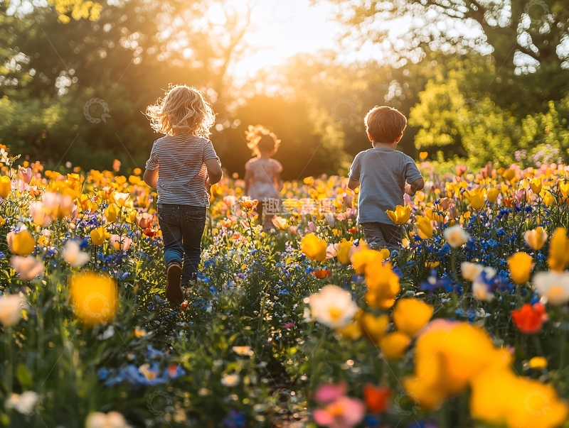 高清大图下载【趣麦麦图】孩子们在花丛中奔跑的背影