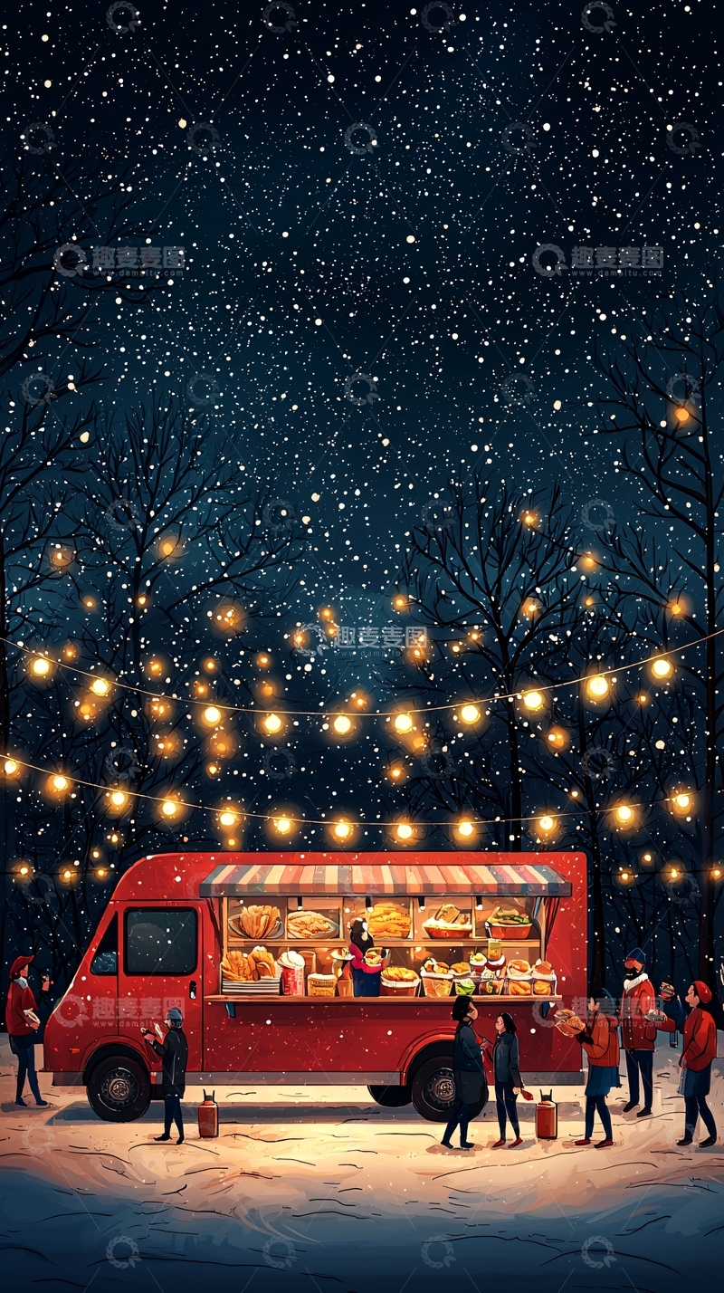 高清大图下载【趣麦麦图】红色餐车在星空下