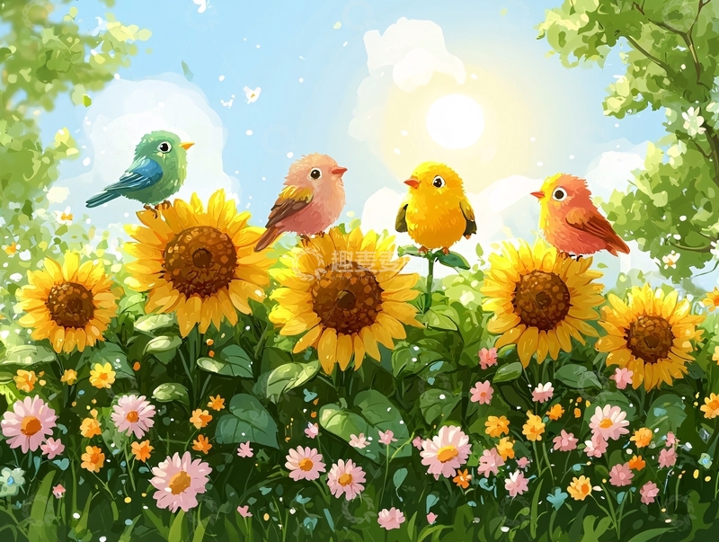 高清大图下载【趣麦麦图】向日葵花丛上的小鸟
