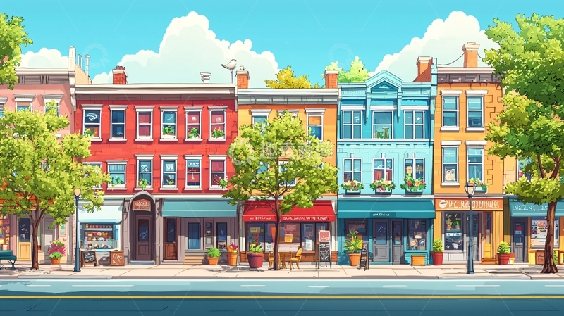 高清大图下载【趣麦麦图】阳光明媚的街道店铺街景