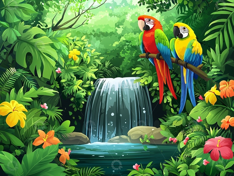 高清大图下载【趣麦麦图】热带雨林瀑布鹦鹉