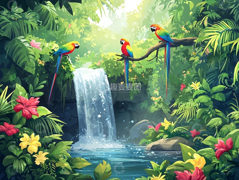 高清大图下载【趣麦麦图】热带雨林瀑布鹦鹉风景画