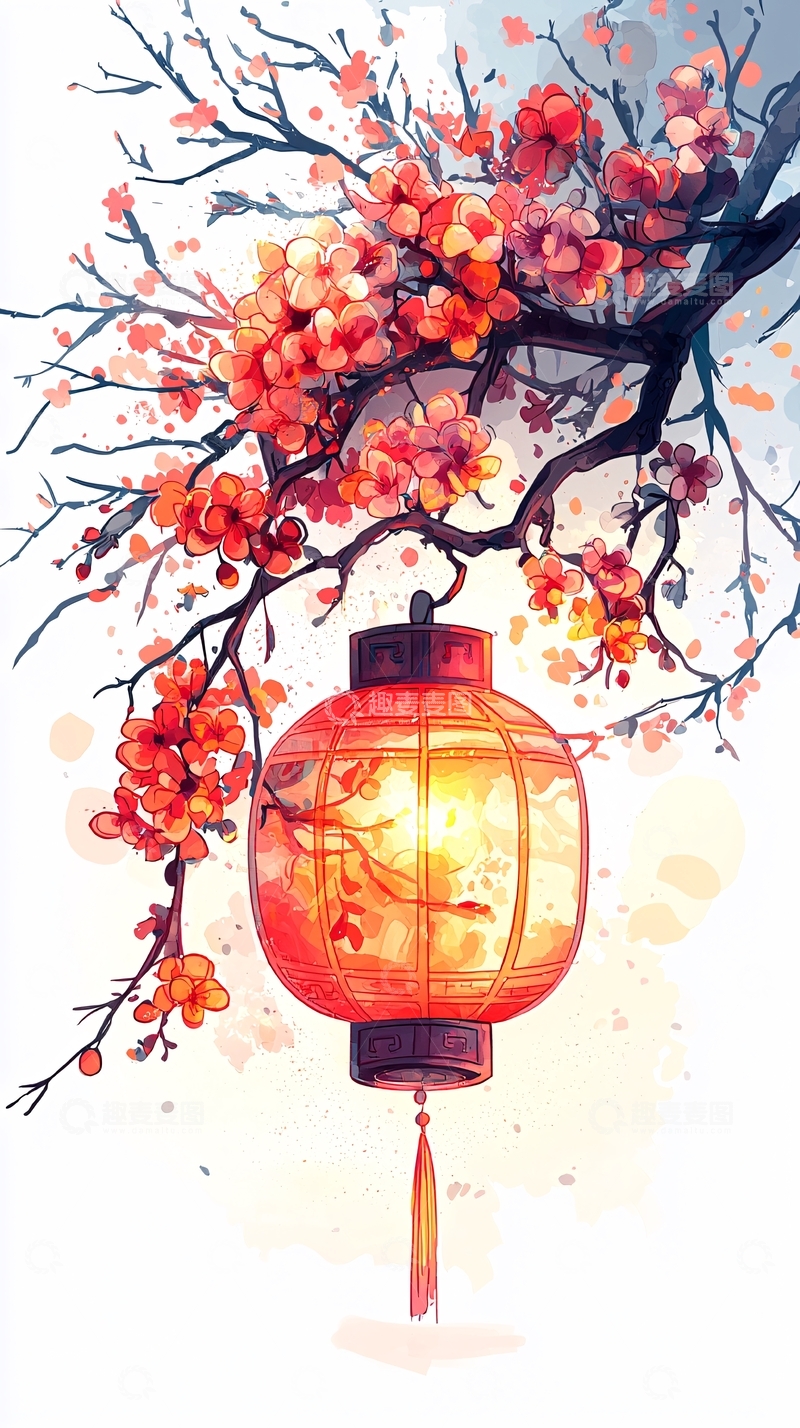 高清大图下载【趣麦麦图】红灯笼梅花树枝水彩画