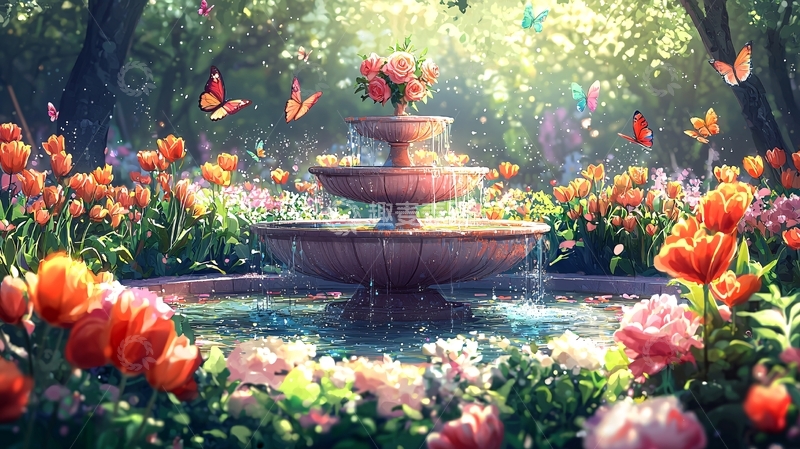 高清大图下载【趣麦麦图】花园喷泉鲜花盛开