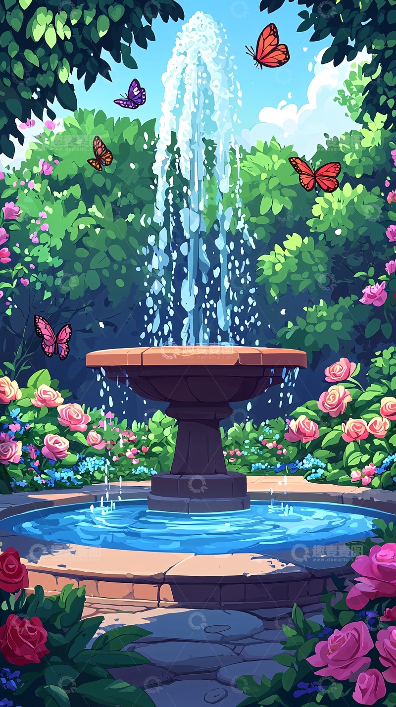 高清大图下载【趣麦麦图】卡通喷泉花园