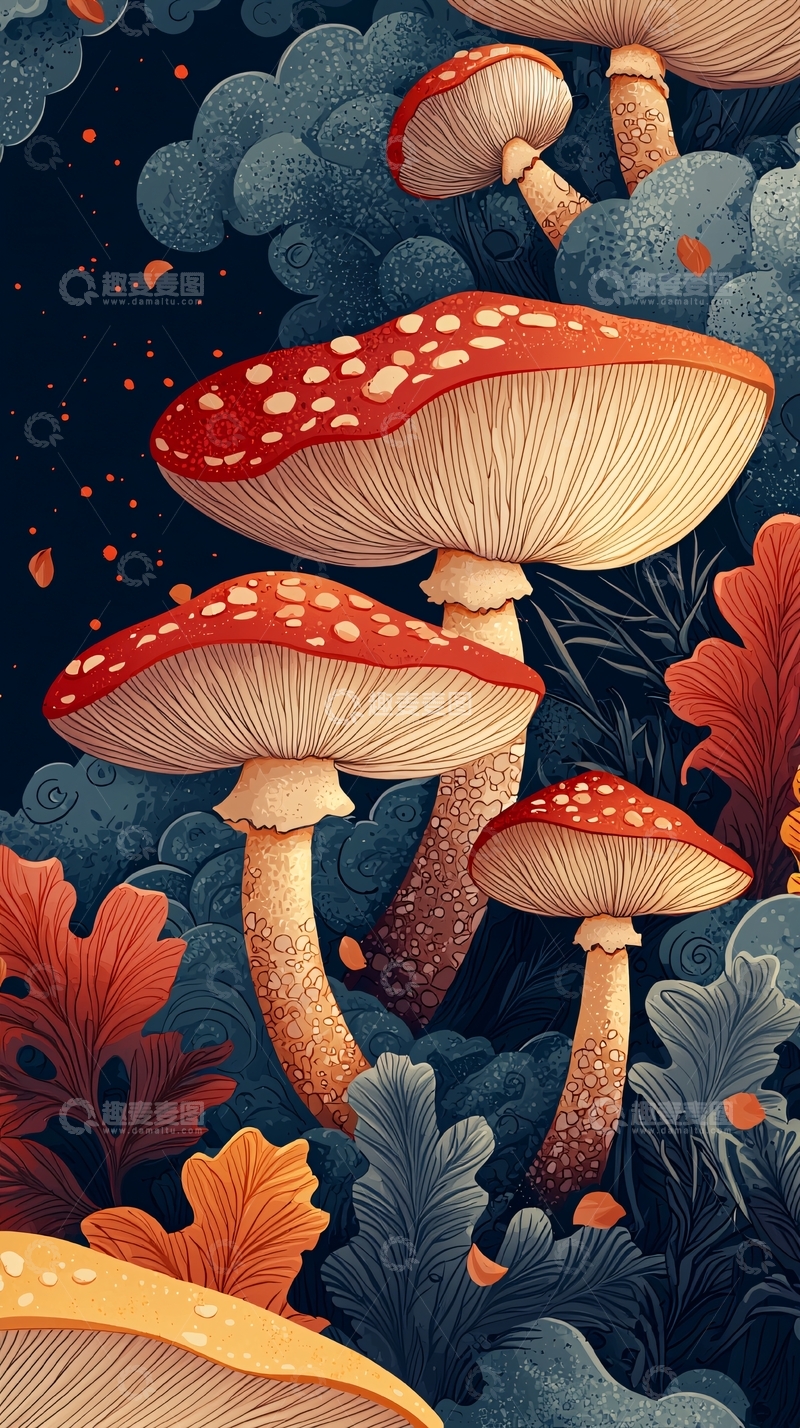 高清大图下载【趣麦麦图】红蘑菇与蓝色植物梦幻场景