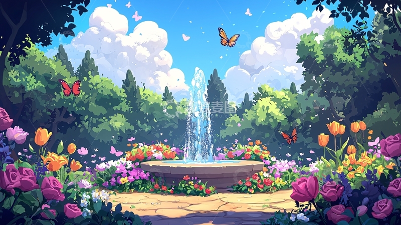 高清大图下载【趣麦麦图】梦幻花园喷泉蝴蝶
