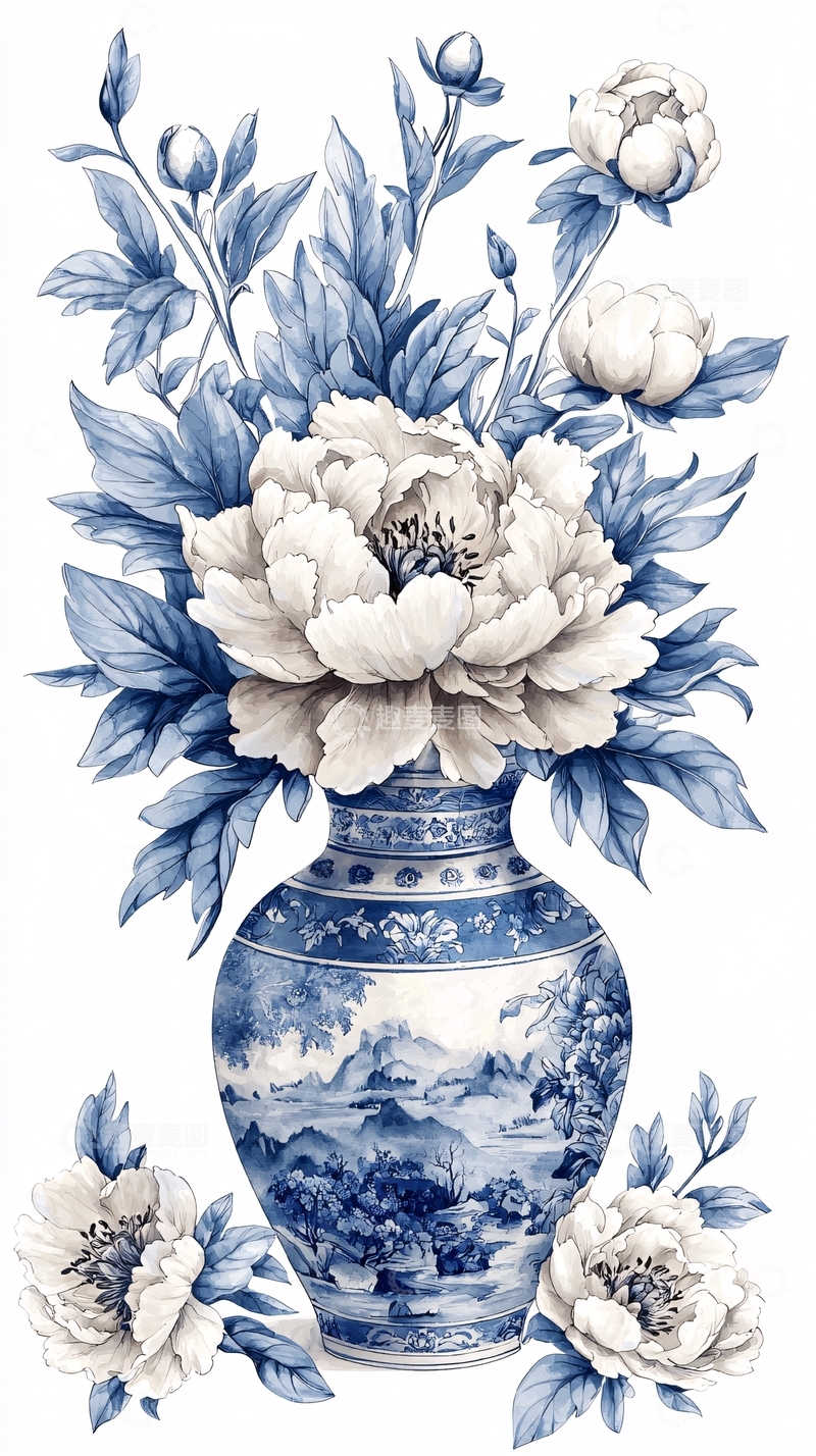 高清大图下载【趣麦麦图】蓝白瓷瓶牡丹花卉插画