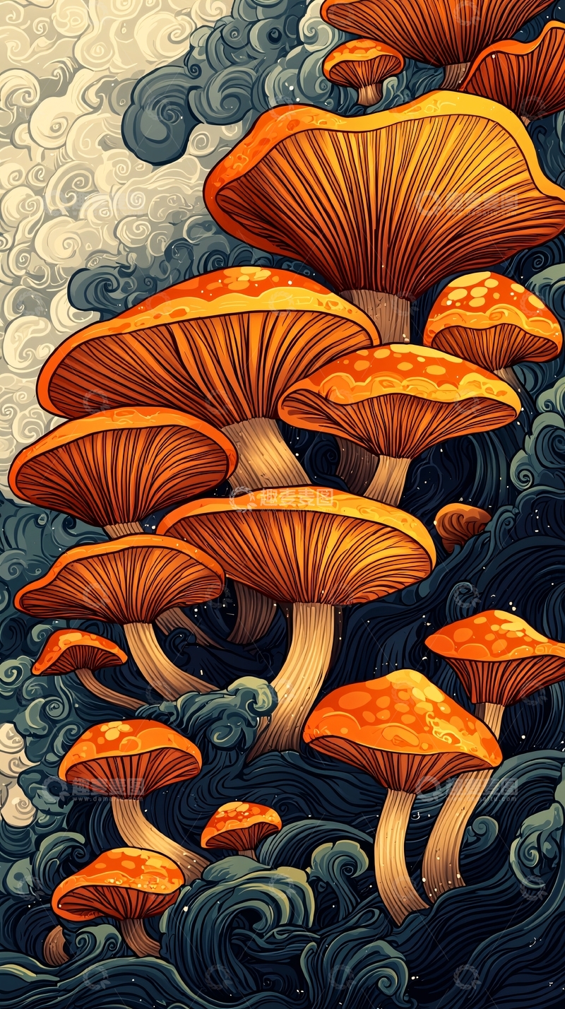 高清大图下载【趣麦麦图】橙色蘑菇群生水墨风