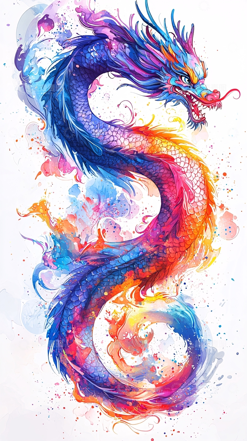 高清大图下载【趣麦麦图】水彩风彩色中国龙