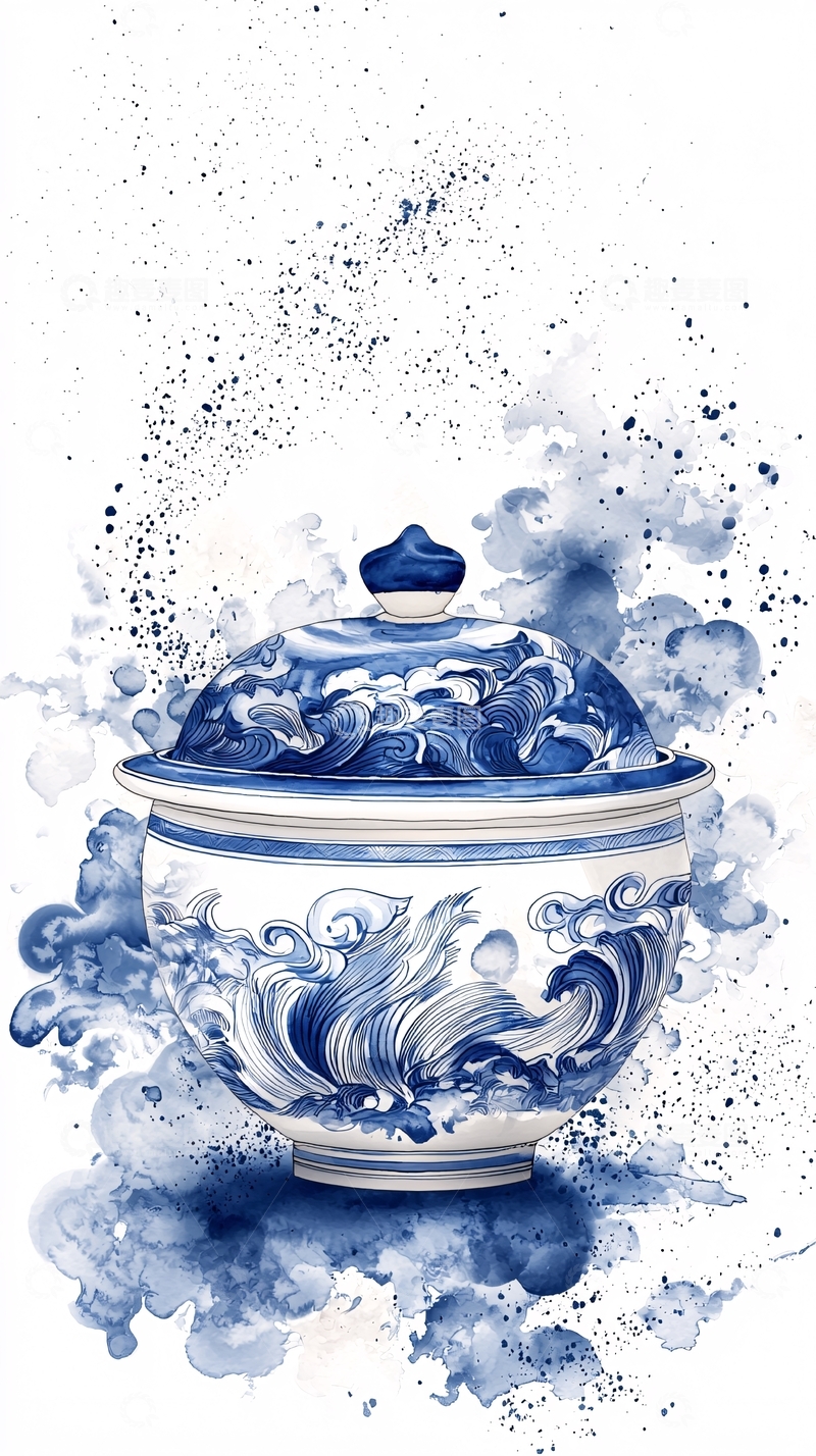 高清大图下载【趣麦麦图】青花瓷盖碗