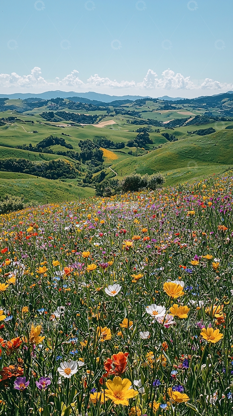 高清大图下载【趣麦麦图】绿色丘陵野花盛开