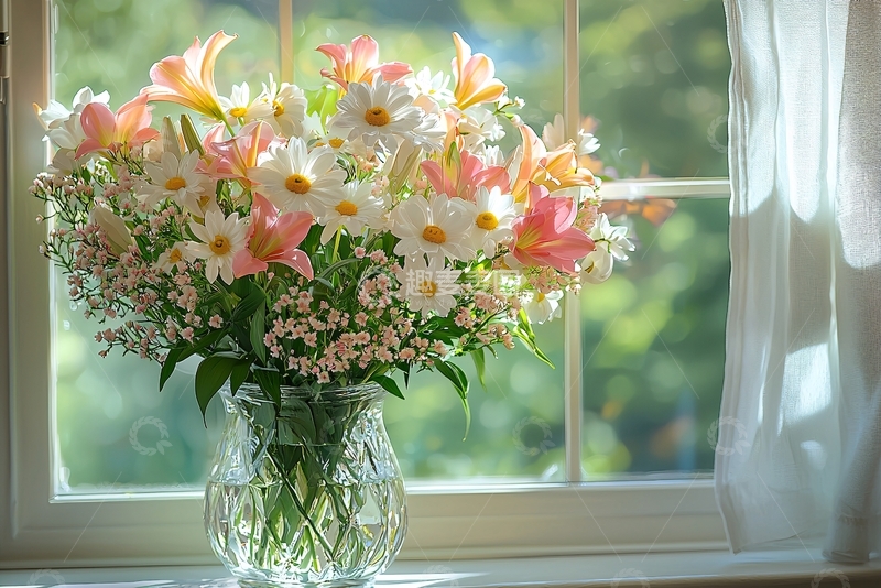 高清大图下载【趣麦麦图】窗边玻璃花瓶里的鲜花