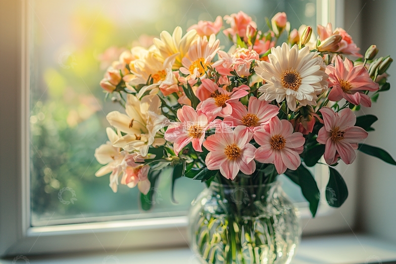 高清大图下载【趣麦麦图】窗边玻璃花瓶里的鲜花