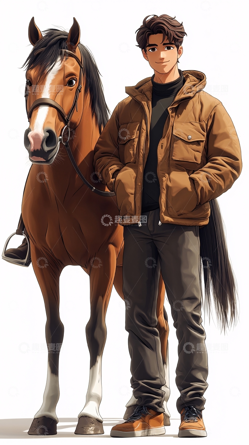 高清大图下载【趣麦麦图】帅气青年与棕马