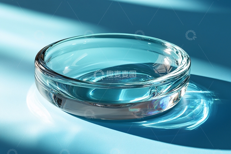 高清大图下载【趣麦麦图】浅蓝色背景下的透明玻璃碗