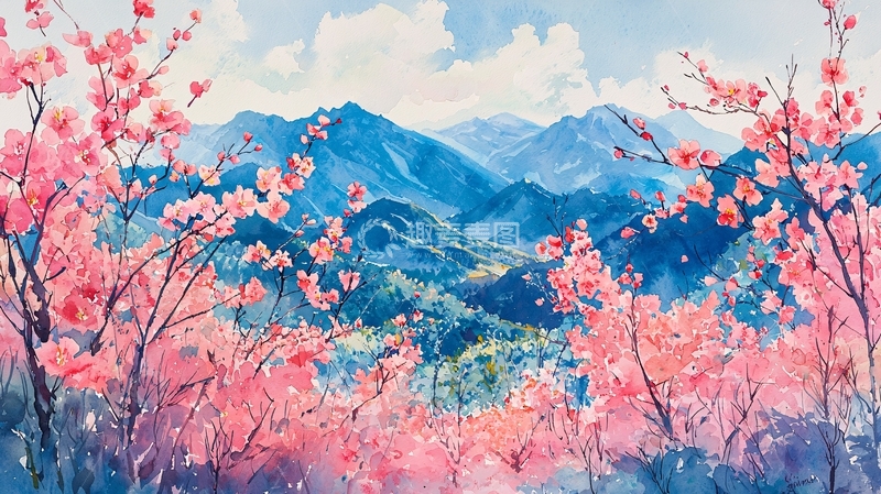高清大图下载【趣麦麦图】粉色樱花簇拥的山景图
