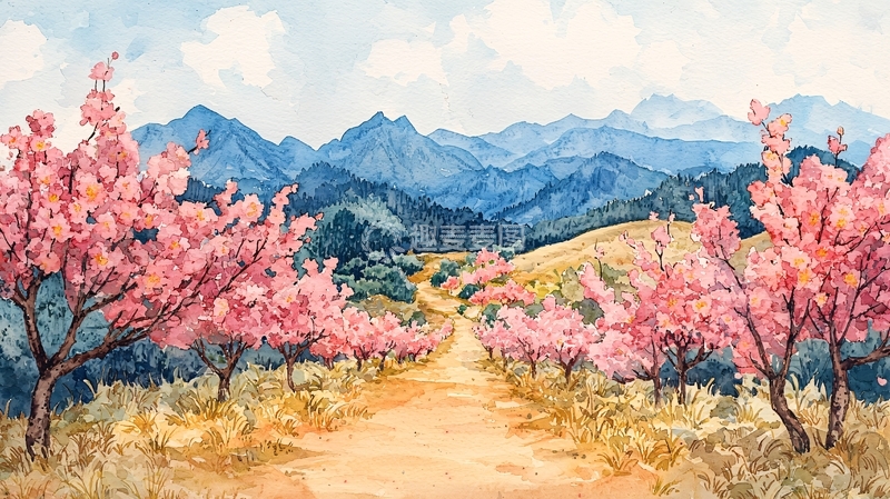 高清大图下载【趣麦麦图】粉色桃花山水风景画