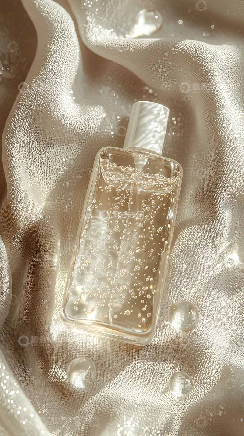 高清大图下载【趣麦麦图】香水瓶在丝绸背景上