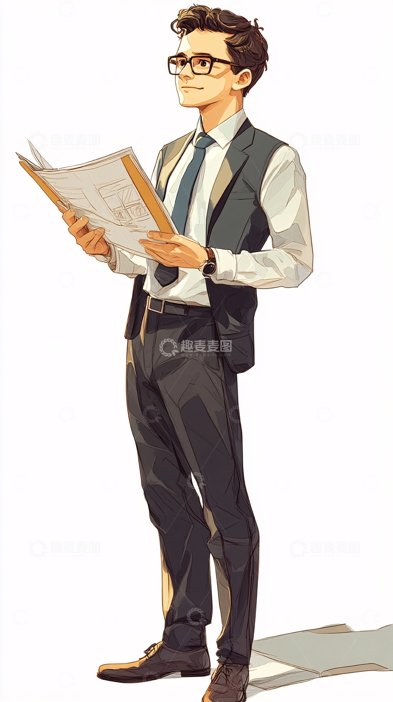 高清大图下载【趣麦麦图】戴眼镜西装男阅读文件