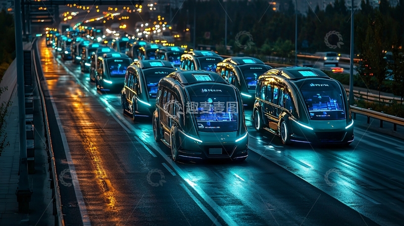高清大图下载【趣麦麦图】自动驾驶汽车车队夜景