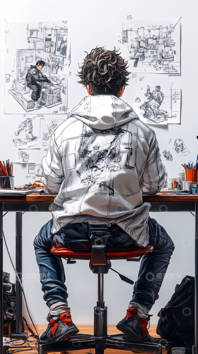 高清大图下载【趣麦麦图】专注绘画的青年背影