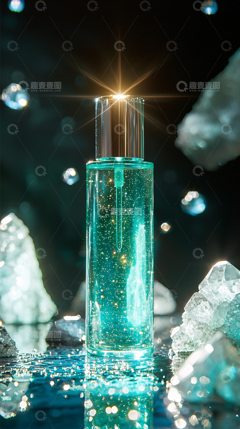 高清大图下载【趣麦麦图】冰块背景下的蓝色香水