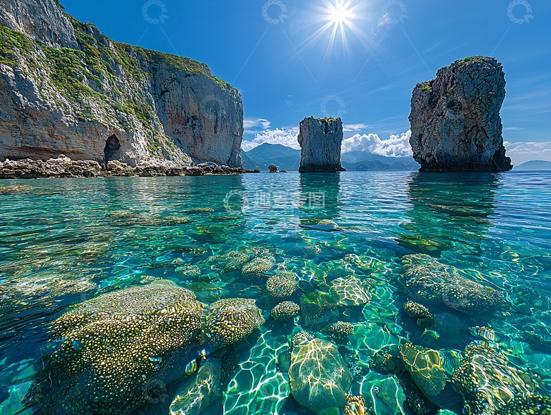 高清大图下载【趣麦麦图】碧海蓝天下的礁石