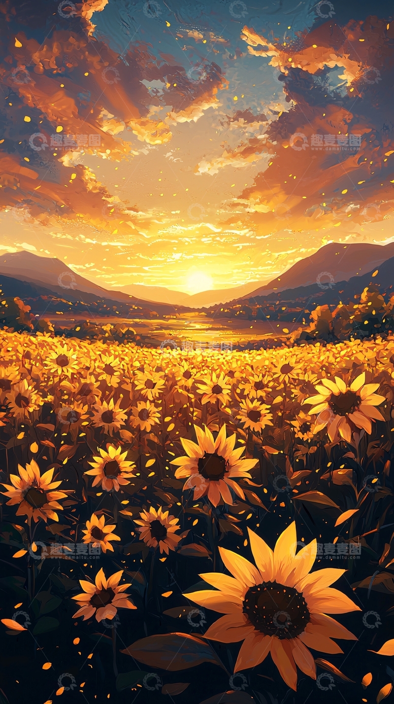 高清大图下载【趣麦麦图】向日葵花海夕阳