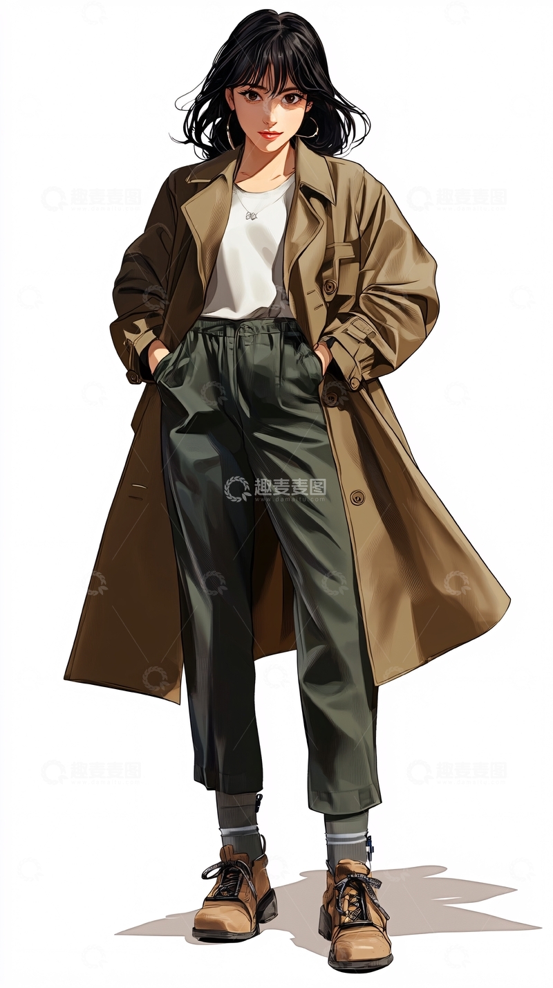 高清大图下载【趣麦麦图】短发女生卡其色风衣
