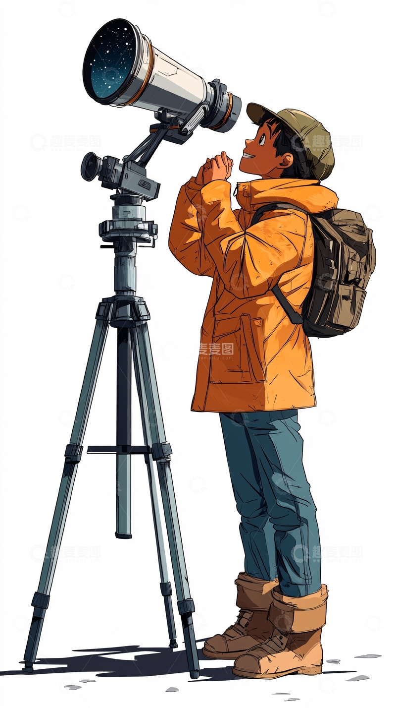 高清大图下载【趣麦麦图】少年用天文望远镜看星星