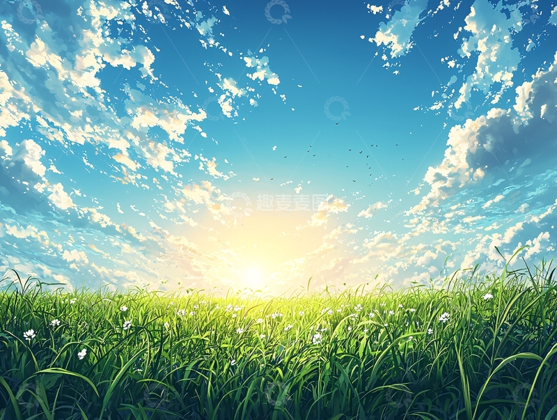高清大图下载【趣麦麦图】阳光照耀下的绿地蓝天